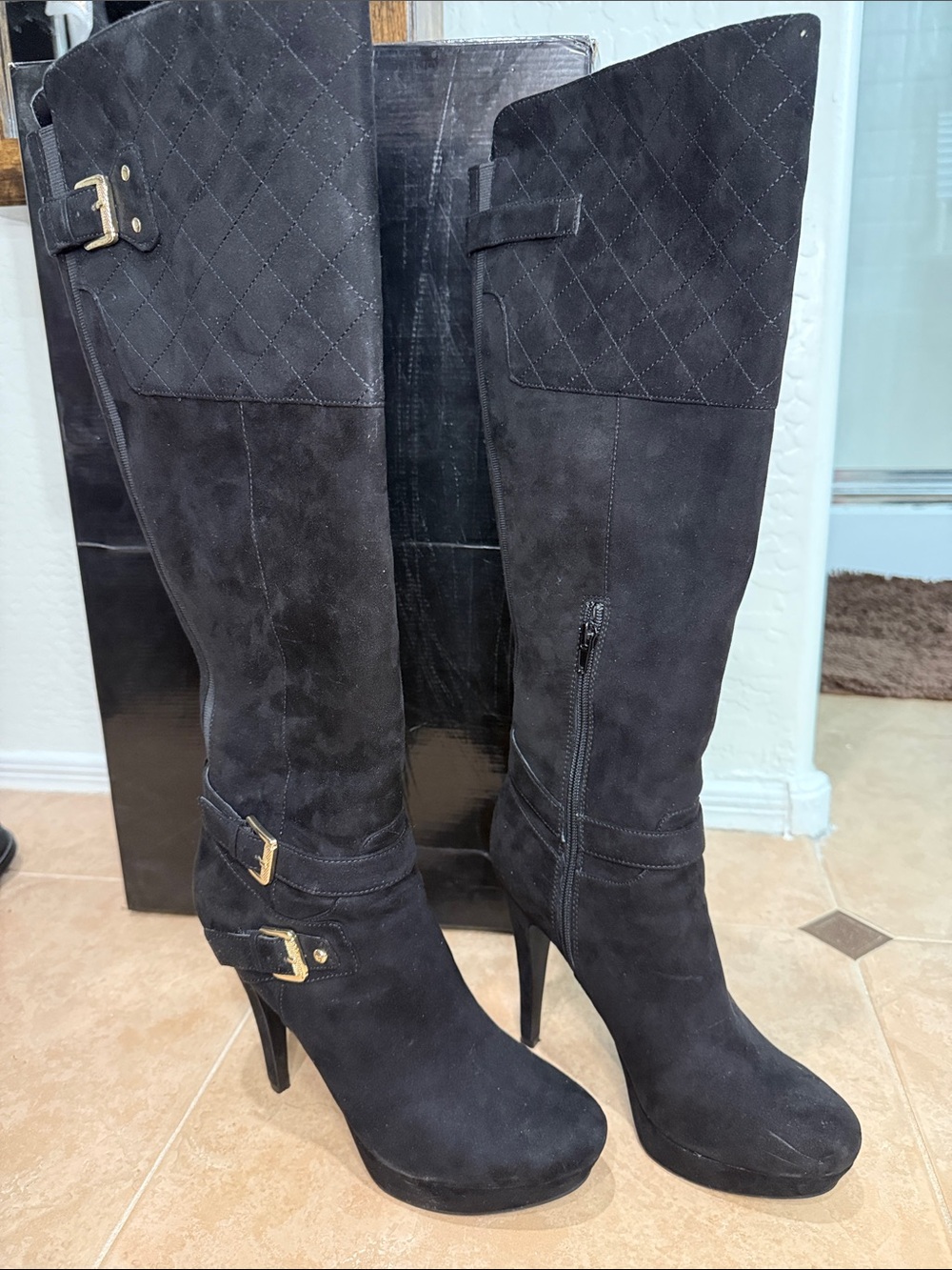 G by Guess Black Quilted Suede Knee-High Heeled Boots